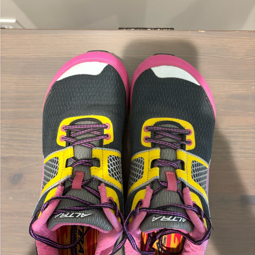 Altra Pink/Yellow Trail Running Shoes with Dust Gators